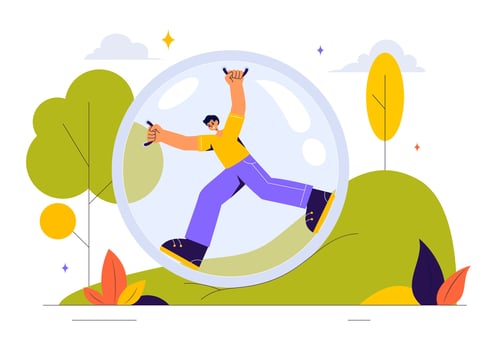 Bubble Bump Zorbing Scene with Players on Green Grass in a Flat Style Background vector