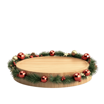 Wooden podium with Christmas decorations 3D icon cartoon smooth soft light isolate on transparent background png