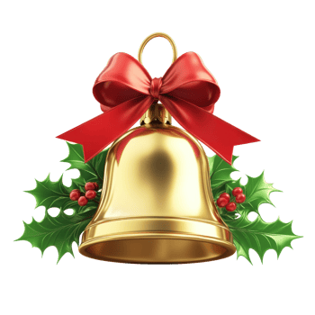 Golden christmas bell with red ribbon and holly 3D icon cartoon round edges isolate on transparent background png