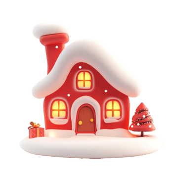 Red decoration Christmas house with snow 3D icon cartoon smooth soft light isolate on transparent background png