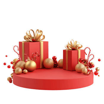 Christmas podium with gold and red decorations and presents 3D icon isolate on transparent background png