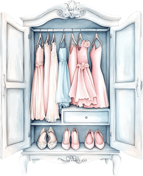 Vintage Wardrobe with Dresses and Shoes in Pastel Colors png