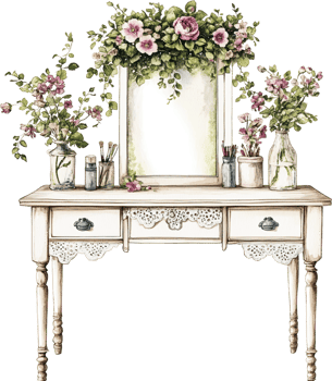 Vintage Vanity Table with Ornate Mirror and Floral Garland in Shabby Chic Style png