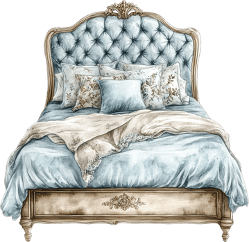 Vintage Bed with Tufted Headboard and Elegant Bedding in Soft Pastel Colors png