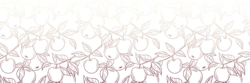 Red white apple line art illustration gradient banner, promotional horizontal background with fruits, seamless repeating footer frame design, vector