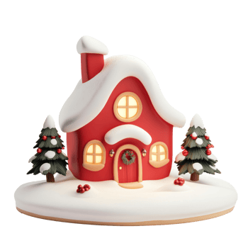 Red decoration Christmas house with snow 3D icon isolate on transparent background png