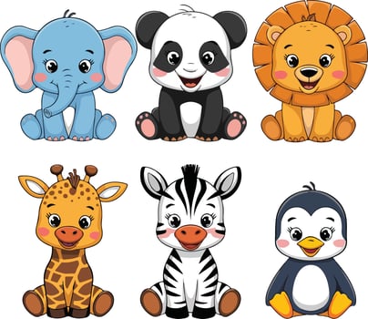 Set with cute cartoon giraffe, zebra, rhinoceros, elephant, hippopotamus and lion vector