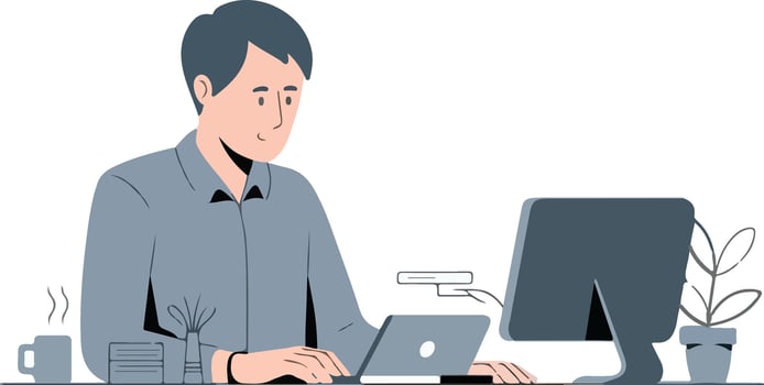 office worker at computer with man white babackground vector