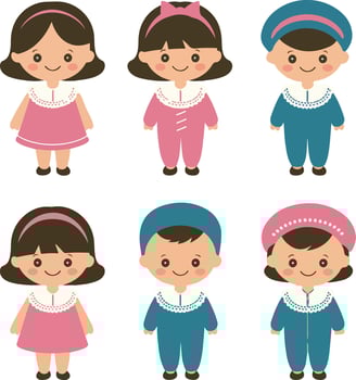 Set of Kids Pink Blue Turquoise. illustration set of cute kids cartoon Character vector