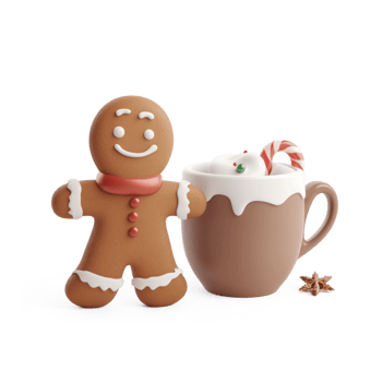 Christmas gingerbread man and hot chocolate mug 3D icon cartoon smooth soft light isolate on transparent background png