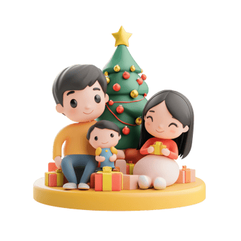 Family with Christmas tree and decoration 3D icon cartoon smooth soft light isolate on transparent background png