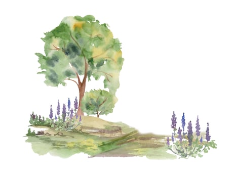 Scenery landscape of lush green foliage tree, northern forest meadow grassland with bushes lupin flowers, watercolor hand drawn. Illustration for tourism, resort ads, hiking camping sites, vacation. vector