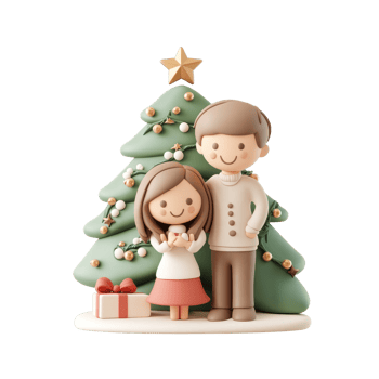 Family with Christmas tree and decoration 3D icon isolate on transparent background png