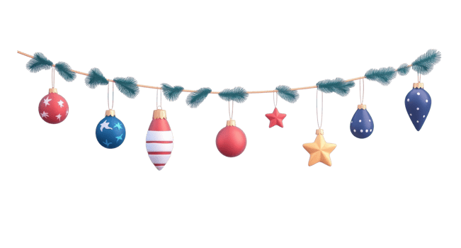 Christmas garland with baubles hanging 3D icon cartoon isolate on transparent background png