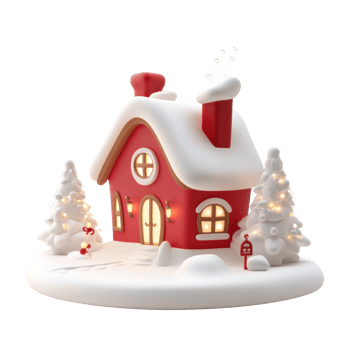 Red decoration Christmas house with snow 3D icon cartoon smooth soft light isolate on transparent background png