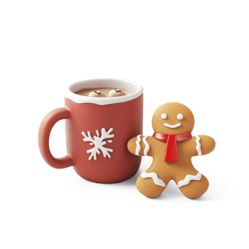 Christmas gingerbread man and hot chocolate mug 3D icon isolate on transparent background png