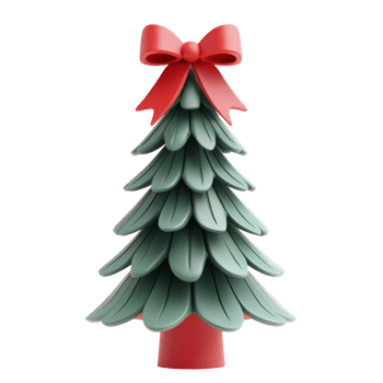 Christmas tree with ribbon and bow 3D icon cartoon minimalist isolate on transparent background png