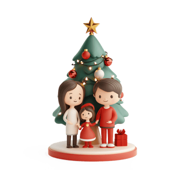 Family with Christmas tree and decoration 3D icon cartoon smooth soft light isolate on transparent background png