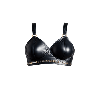 Edgy leather bralette with studded details rocking out grungy textures rebellious attitude png