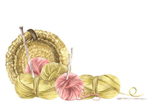 Skein of knitting thread, knitting needles and crochet hook. Balls of yarn with handmade basket. Watercolor hand drawn illustration Hobby needlework clipart for label, sticker isolated from background png