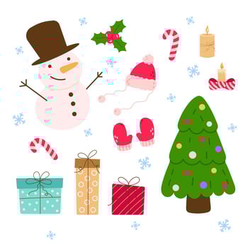Christmas and new year cute doodle elements. Set hand drawn traditional winter decorations and icons. Christmas tree, gift boxes, wreath, bell, holly, candles, gingerbread. flat illustration. vector
