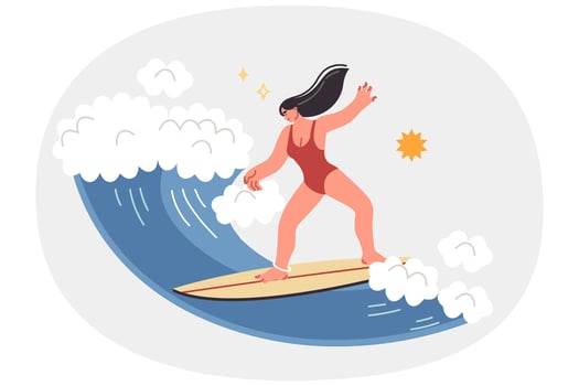 Woman doing surfing on sea waves, enjoying extreme sport during summer vacation on island vector