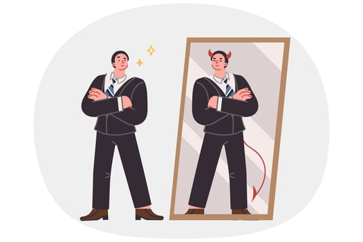 Business man seeing devil in reflection in mirror, for concept duplicity and hypocritical behavior vector