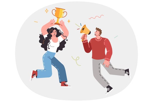 Woman winner with gold cup performs victory dance, standing near happy man shouting into megaphone vector