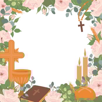 Square frame with First Communion symbols. . Golden wine cup, Grail, bread, Bible, rosary, wine, white roses, candles and crucifix. Clipart for First Communion invitations. vector