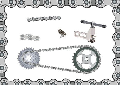 A bicycle chain and chain tool are shown in this illustration vector