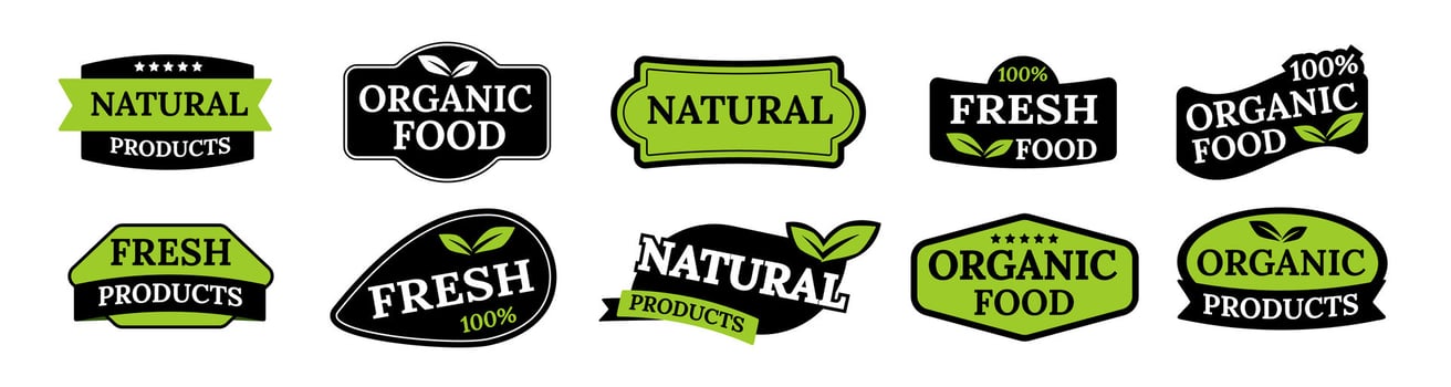 Green and black badge for eco, wellness, and quality branding. vector