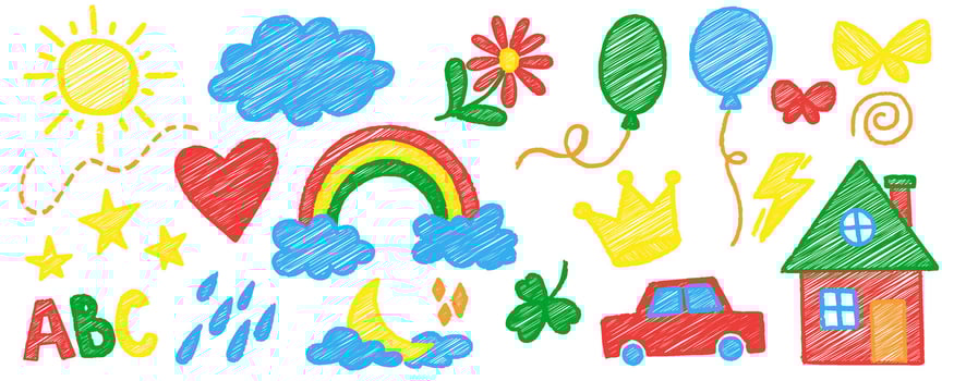 Kids crayon doodles. Colored pencil school illustrations set on white background. Flower house rainbow and cute sun child sketches. Chalk hand drawn summer cartoon painting vector