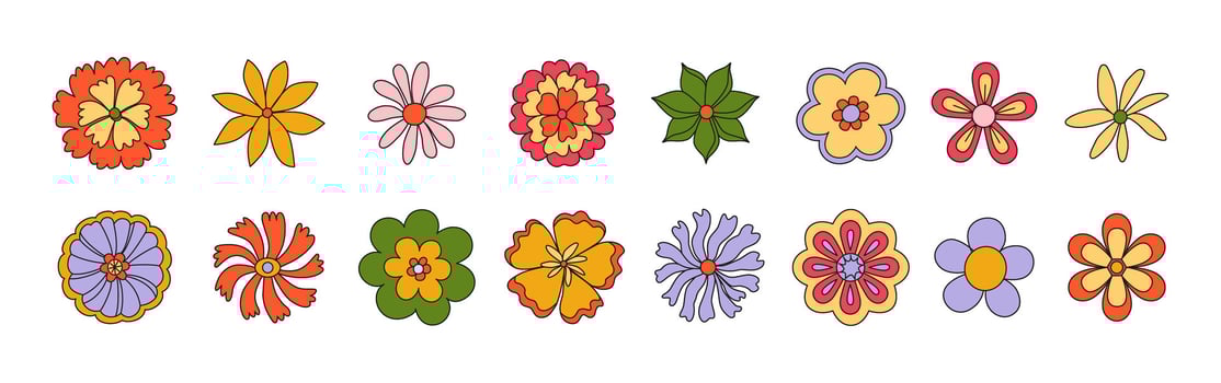 70s groovy hippie flowers. Retro psychedelic daisy, chamomile. Flower power. Trippy floral botanical stickers. Good vibes only. isolated on white. vector
