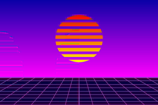 Retro Vaporwave Sunset with Neon Grid and Striped Sun in Purple Gradient Background vector