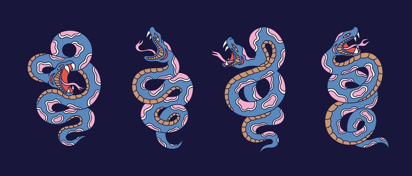 Snake set in traditional oriental tattoo style. Happy new year poster templates with snakes in various poses. Colorful pythons of lunar year symbol vector