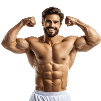 Smiling Muscular Man Flexing Biceps for Fitness Motivation on transparent background png
