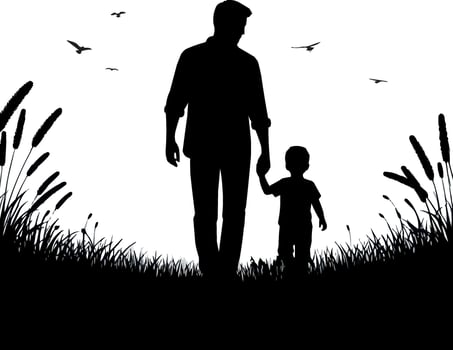 father and his son walking, silhouette vector