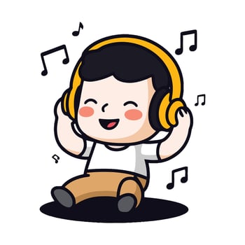 A cartoon boy with headphones and music notes vector