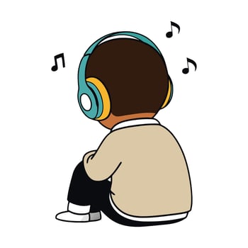 A cartoon boy sitting with headphones on his head vector