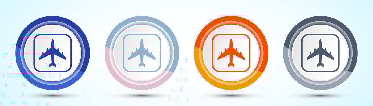 Airplane Icon. Flight Transport Sign. Holiday symbol, Four color button design set vector
