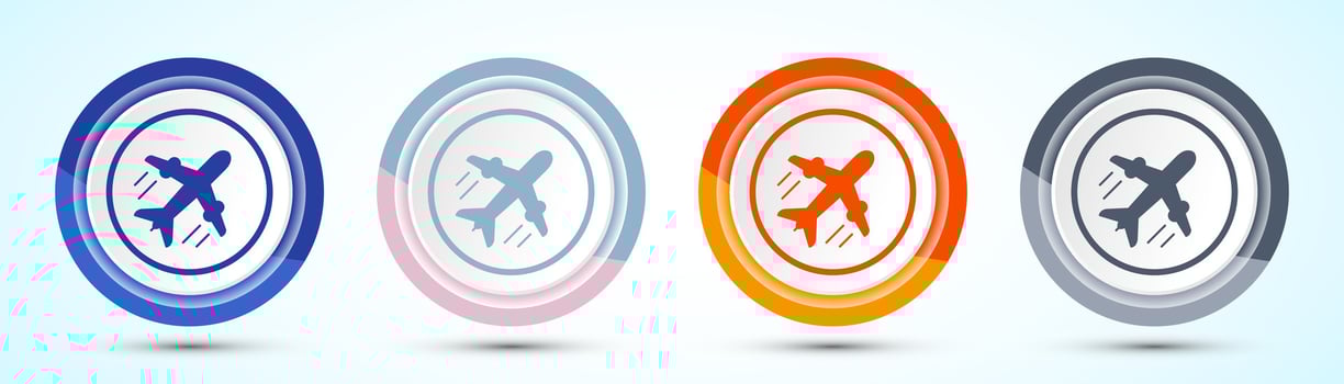 Airplane Icon Button Design Illustration. Flight Transport Sign. Travel, Four color button design set vector