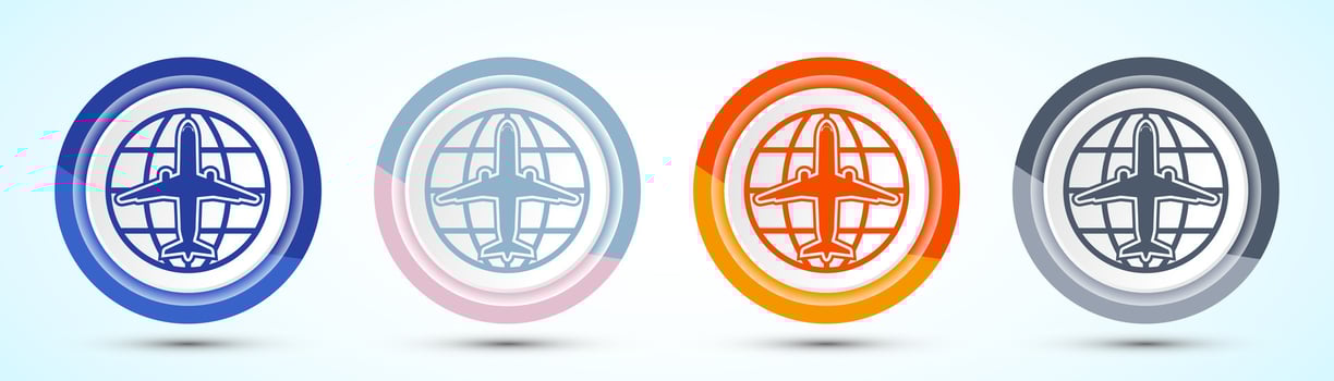 Airplane Icon Design. Flight Transport Sign. Travel, Holiday symbol, Four color button design set vector