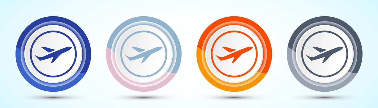 Airplane Icon Design Illustration. Flight Transport Sign. Travel, Holiday symbol, Four color button design set vector