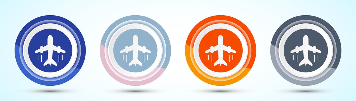 Airplane Icon Button Design Illustration. Flight Transport Sign. Travel, Holiday symbol, Four color button design set vector