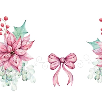 Watercolor Christmas seamless border - Red poinsettia flowers bouquet with bow, compositions with holly green leaves and mistletoe, red berries. Winter composition, decor. vector