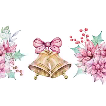 Christmas watercolor seamless border - Red poinsettia flowers bouquet, compositions with holly green leaves and mistletoe, red berries. Jingle golden bell with bow. Winter composition, decor vector