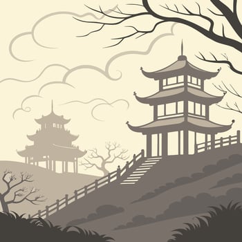 Asian landscape with pagoda and trees vector