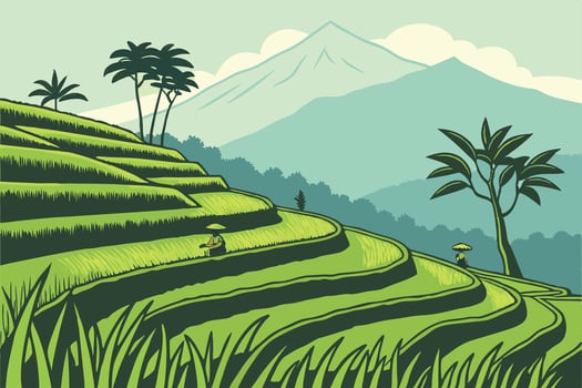 a poster of a rice field with palm trees vector