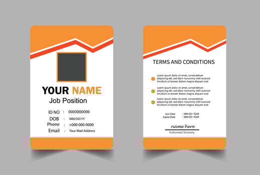 Modern ID Card Template with an author photo place. Office Id Card Layout Two Sided. Employee Id Card for Your Business or Company. Orange and white Background Design vector