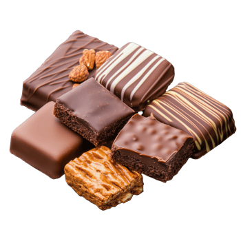 Assorted chocolate bars with fillings stacked together, isolated on transparent background png